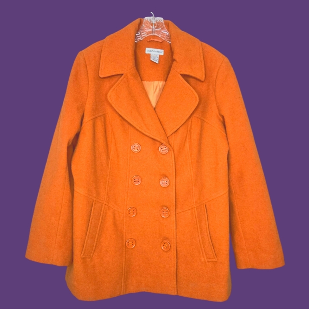 Vintage‎ Orange Wool Blend Pea coat Jessica London Plus size 14 Bright Colorful